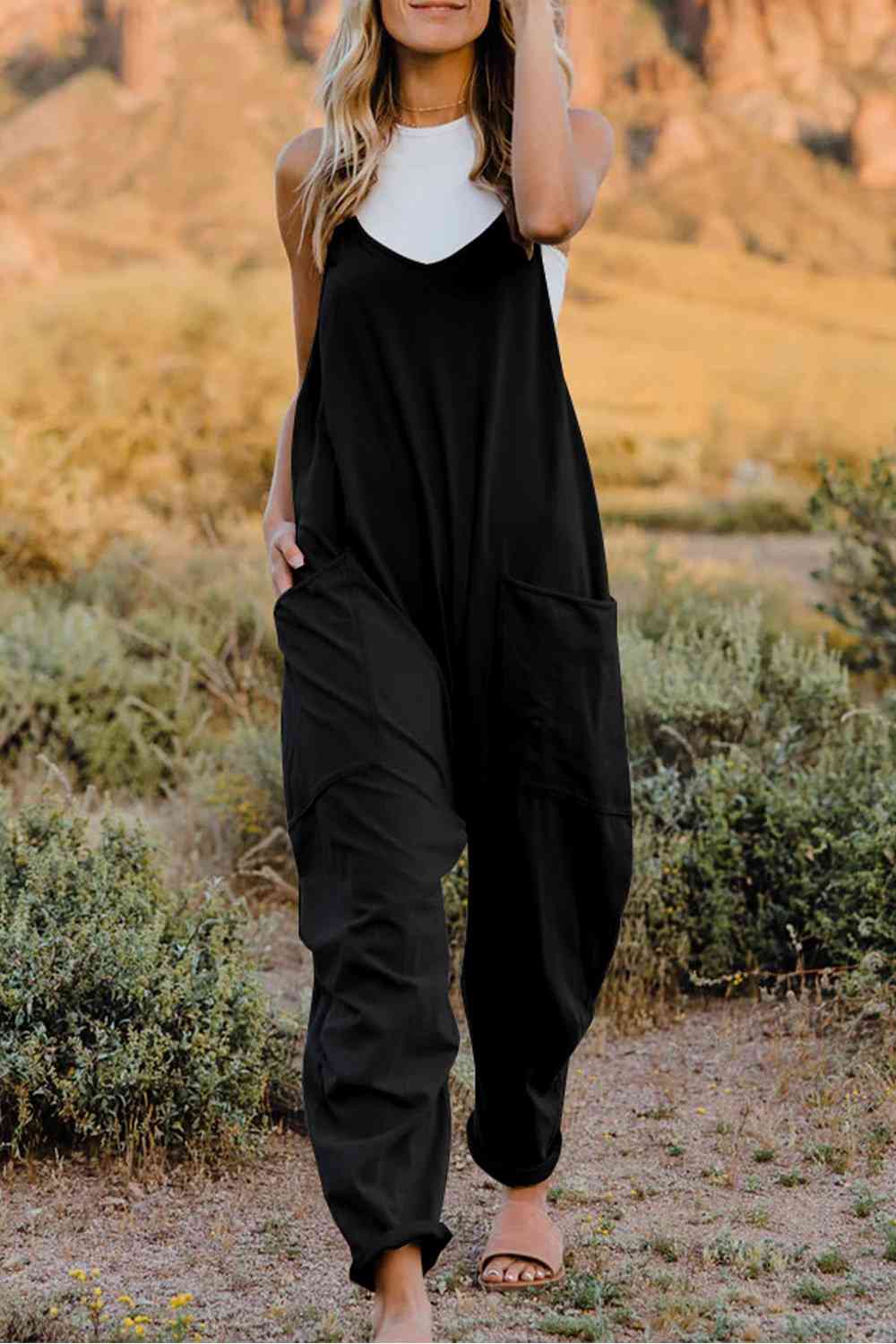 Double Take V-Neck Sleeveless Jumpsuit with Pocket | Now or Never?