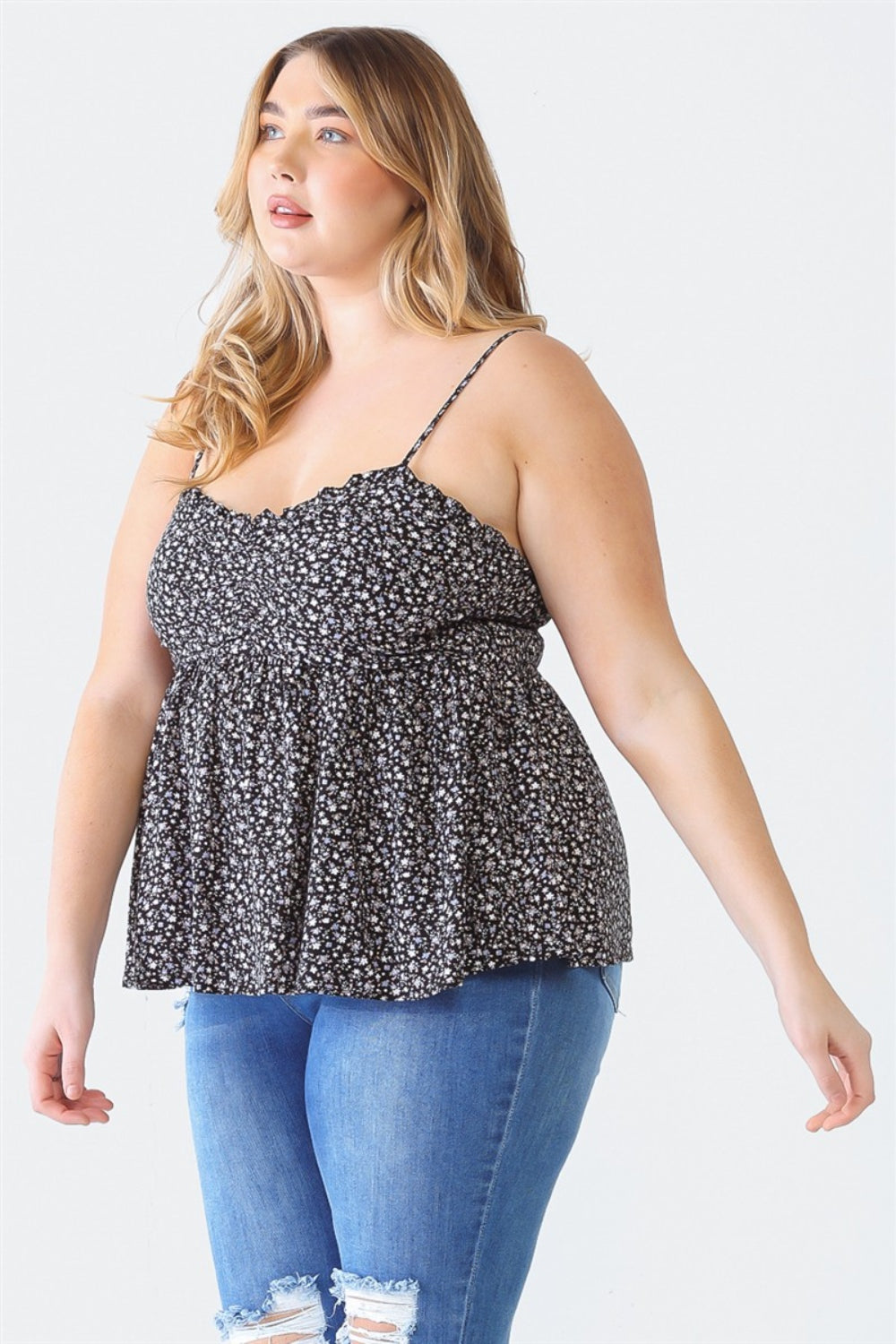 Zenobia Plus Size Floral Cami - Frill & Smocked Sweetheart Neck