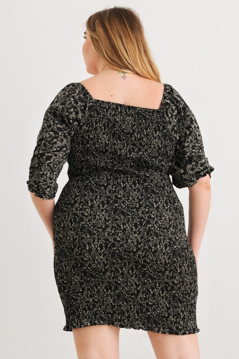 Zenobia Plus Size Printed Mini Dress - Smocked & Square Neck Elegance