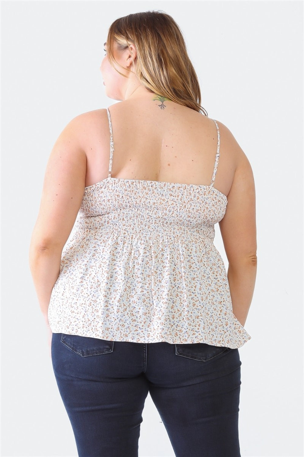 Zenobia Plus Size Floral Cami - Frill & Smocked Sweetheart Neck