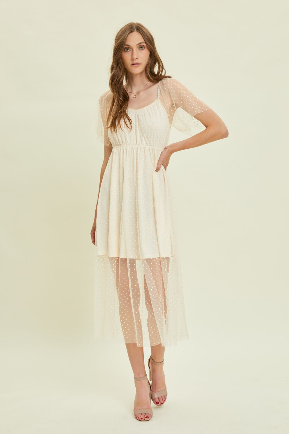 HEYSON Heart Mesh Flare Sleeve Midi Dress - Romantic and Elegant