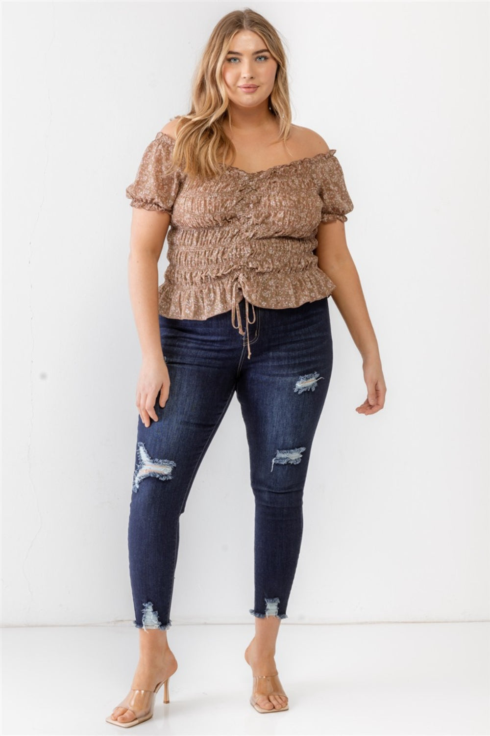 Zenobia Plus Size Off-Shoulder Blouse - Frill & Ruched Short Sleeve