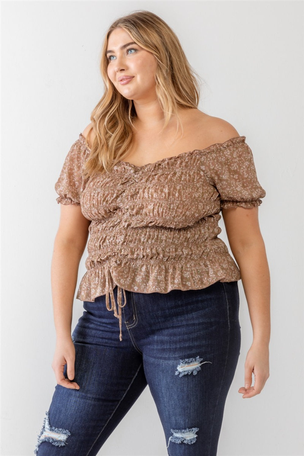 Zenobia Plus Size Off-Shoulder Blouse - Frill & Ruched Short Sleeve