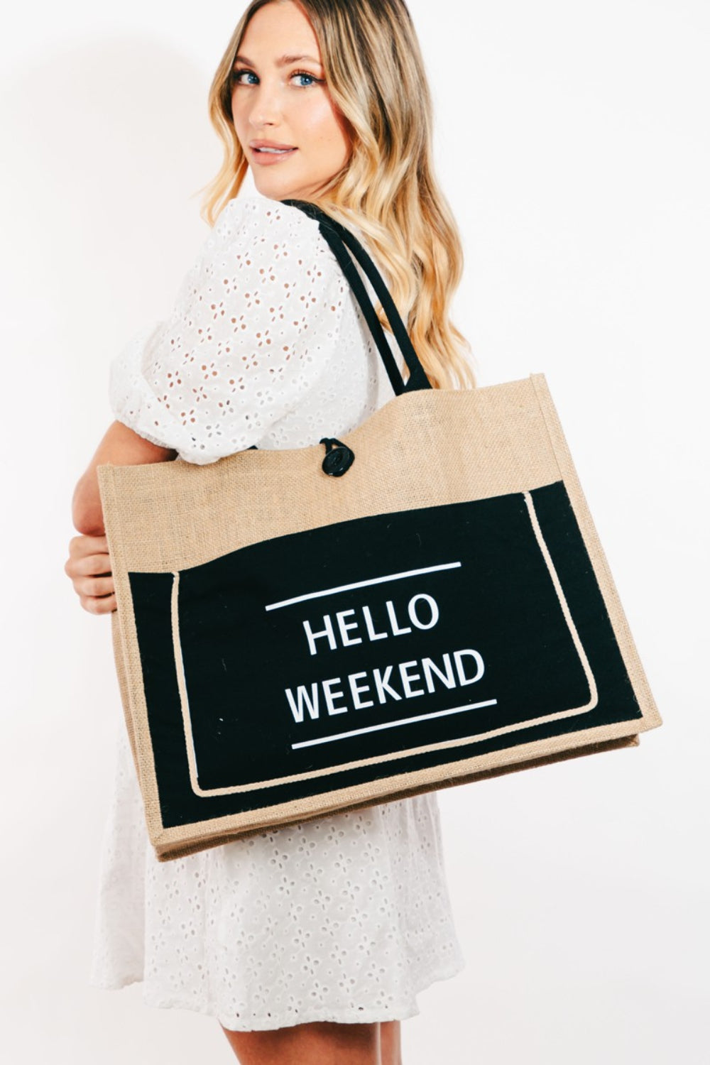 Fame Hello Weekend Burlap Tote Bag - Chic and Durable