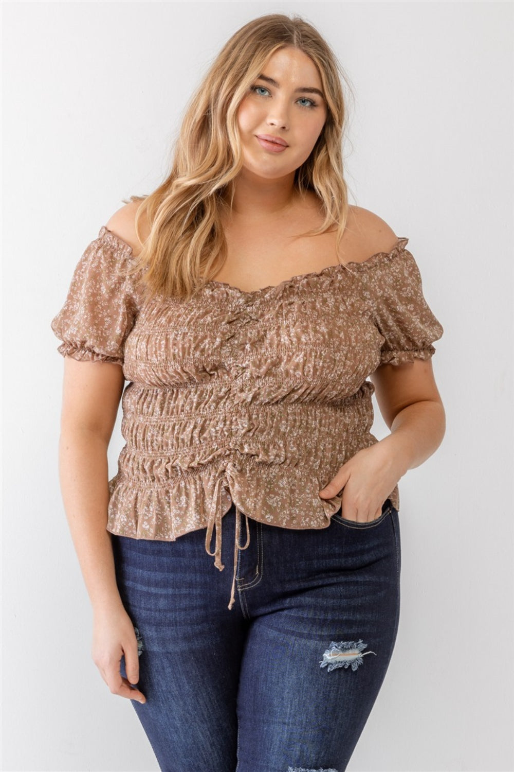 Zenobia Plus Size Off-Shoulder Blouse - Frill & Ruched Short Sleeve