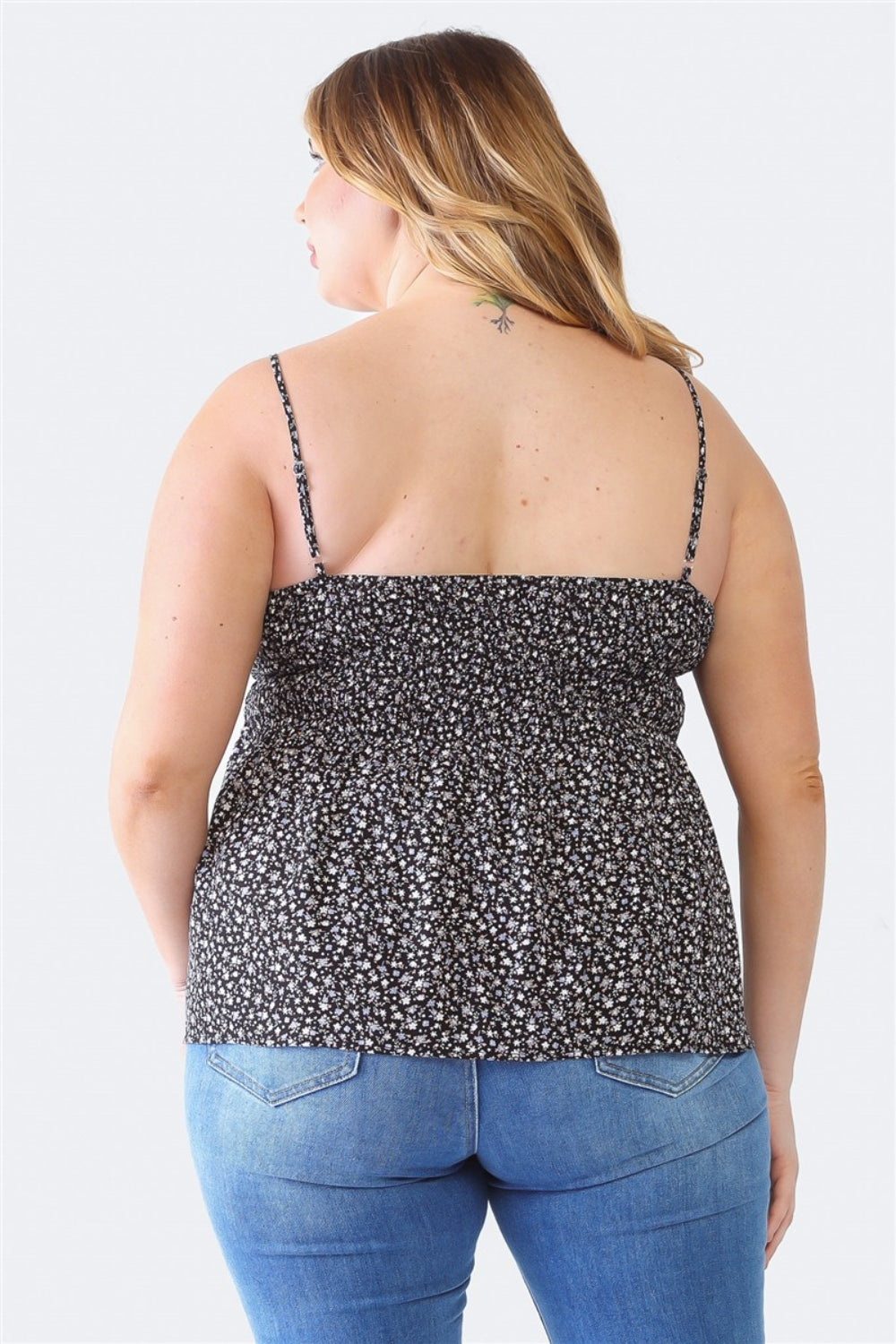 Zenobia Plus Size Floral Cami - Frill & Smocked Sweetheart Neck