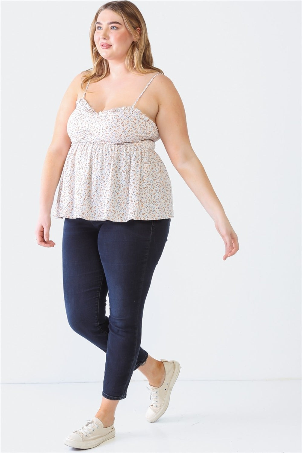 Zenobia Plus Size Floral Cami - Frill & Smocked Sweetheart Neck