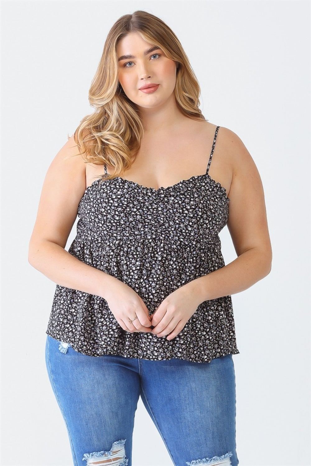 Zenobia Plus Size Floral Cami - Frill & Smocked Sweetheart Neck