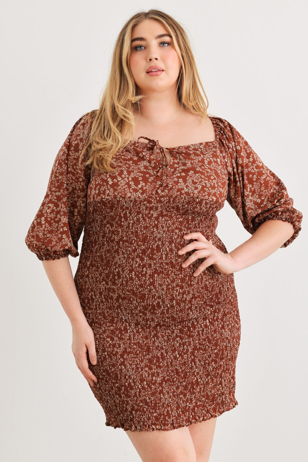 Zenobia Plus Size Printed Mini Dress - Smocked & Square Neck Elegance