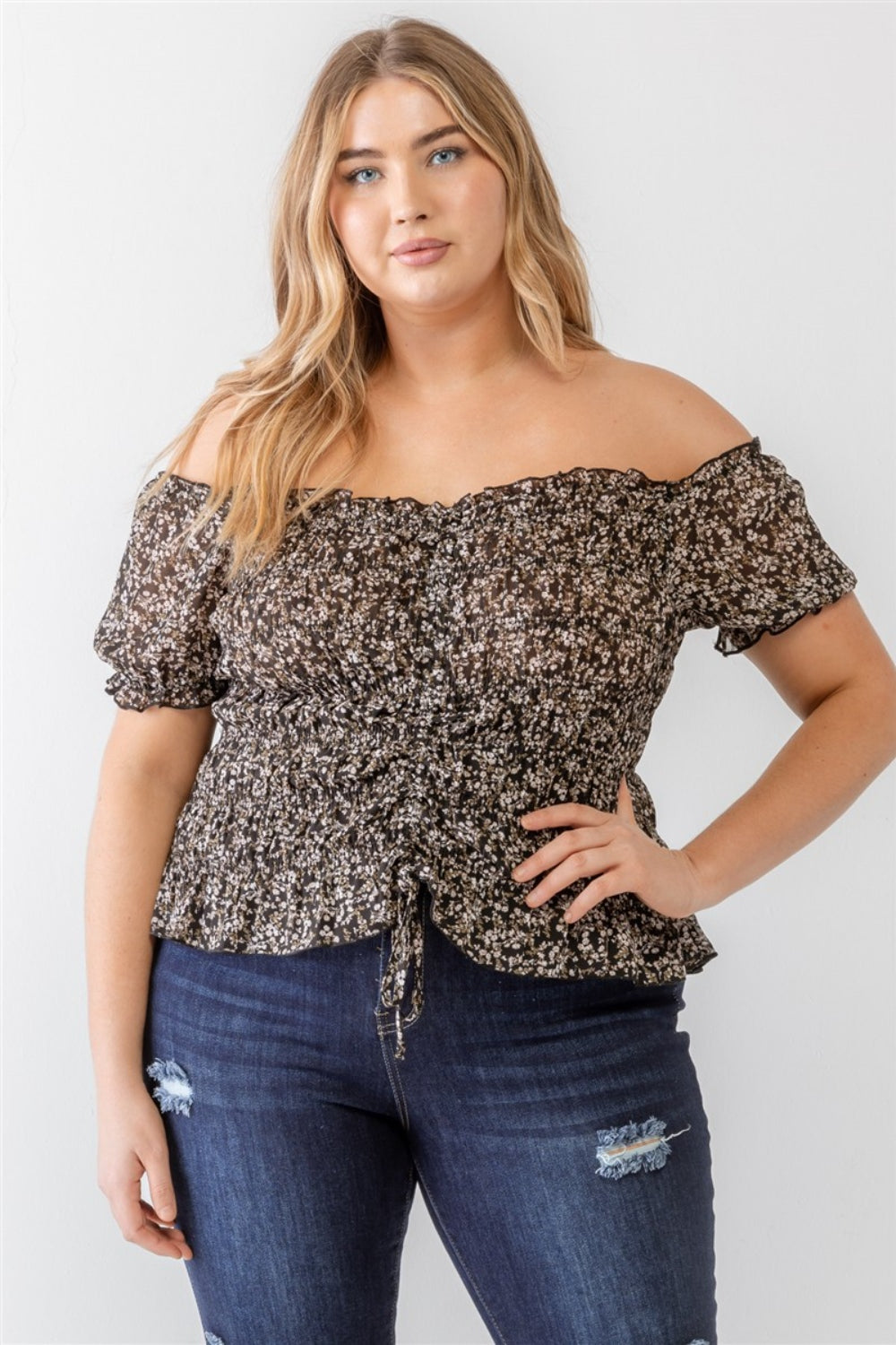 Zenobia Plus Size Off-Shoulder Blouse - Frill & Ruched Short Sleeve