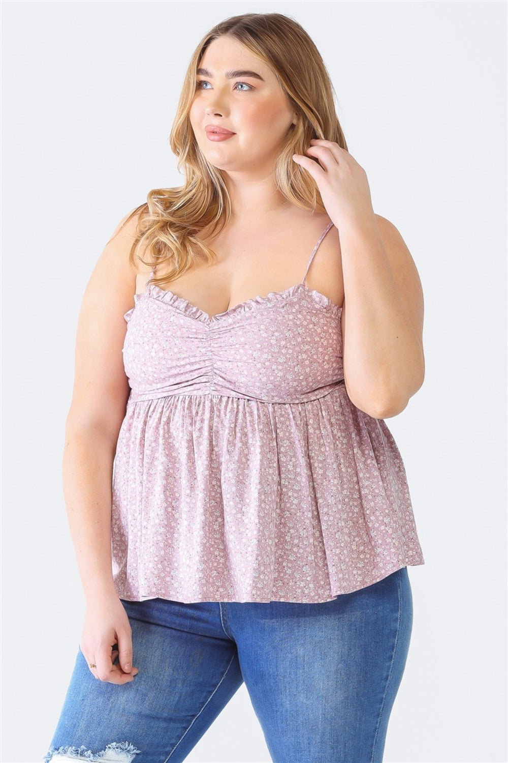 Zenobia Plus Size Floral Cami - Frill & Smocked Sweetheart Neck