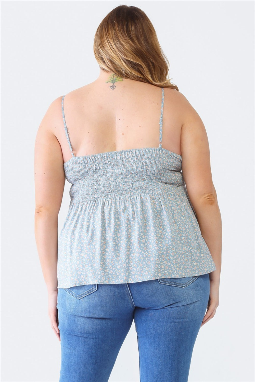 Zenobia Plus Size Floral Cami - Frill & Smocked Sweetheart Neck