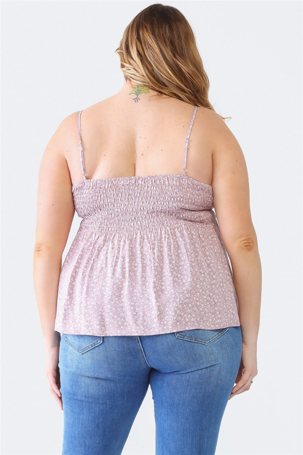 Zenobia Plus Size Floral Cami - Frill & Smocked Sweetheart Neck