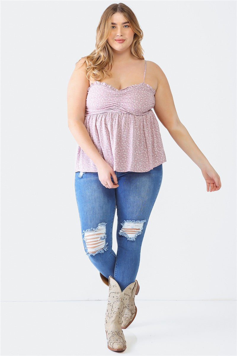 Zenobia Plus Size Floral Cami - Frill & Smocked Sweetheart Neck