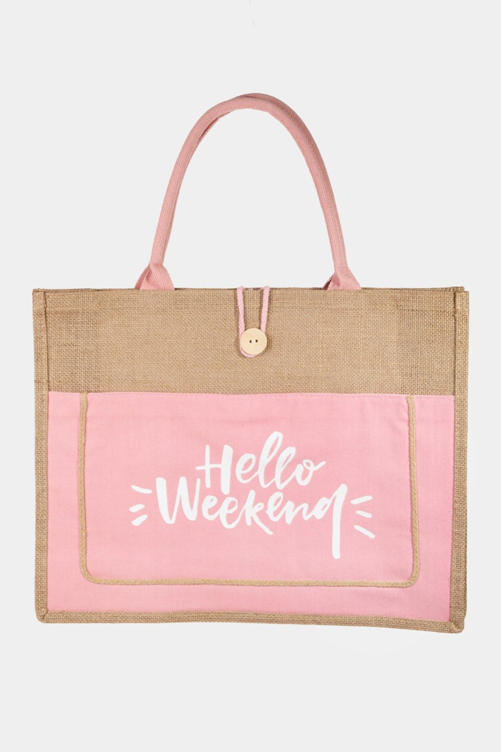 Fame Hello Weekend Burlap Tote Bag - Chic and Durable