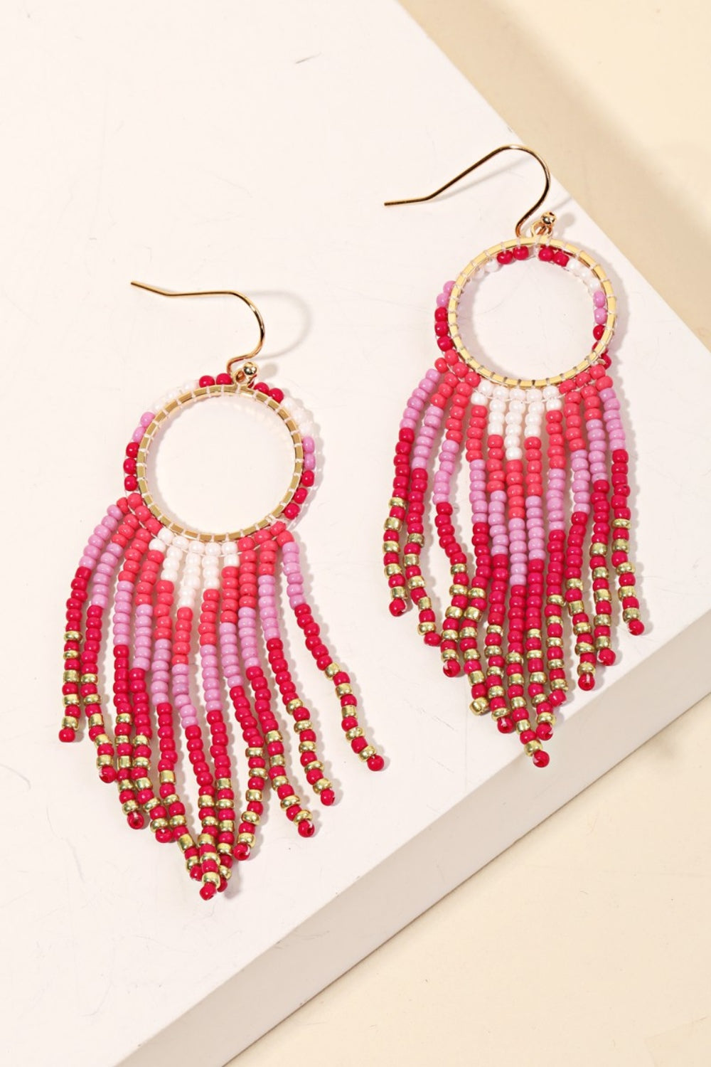 Fame Circle Cutout Seed Beaded Fringe Earrings | Amazing Collections