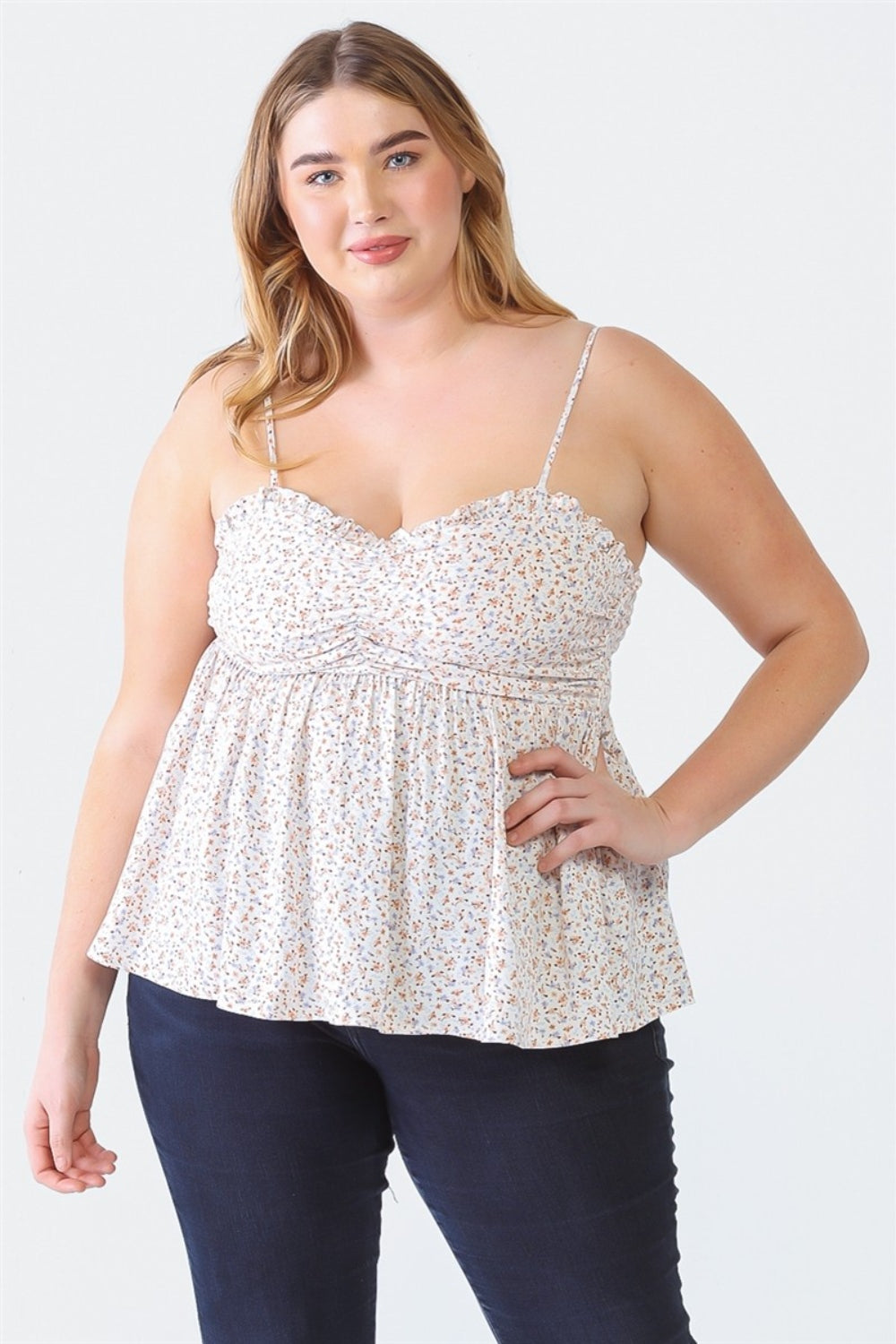 Zenobia Plus Size Floral Cami - Frill & Smocked Sweetheart Neck