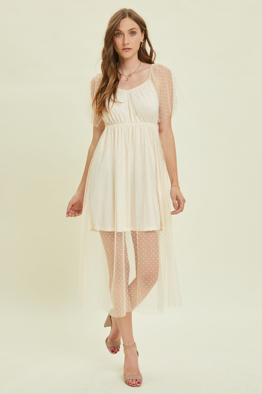 HEYSON Heart Mesh Flare Sleeve Midi Dress - Romantic and Elegant