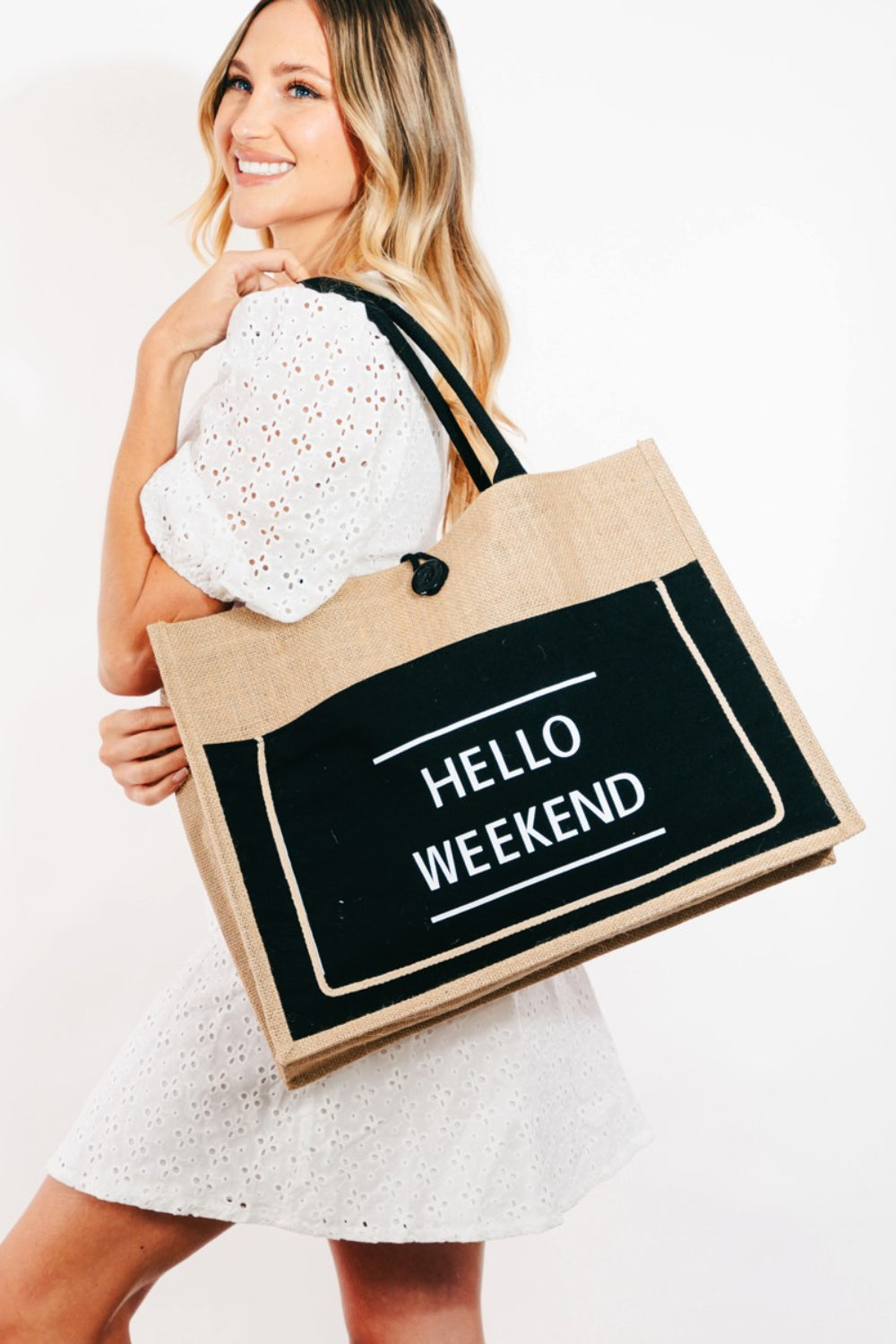 Fame Hello Weekend Burlap Tote Bag - Chic and Durable