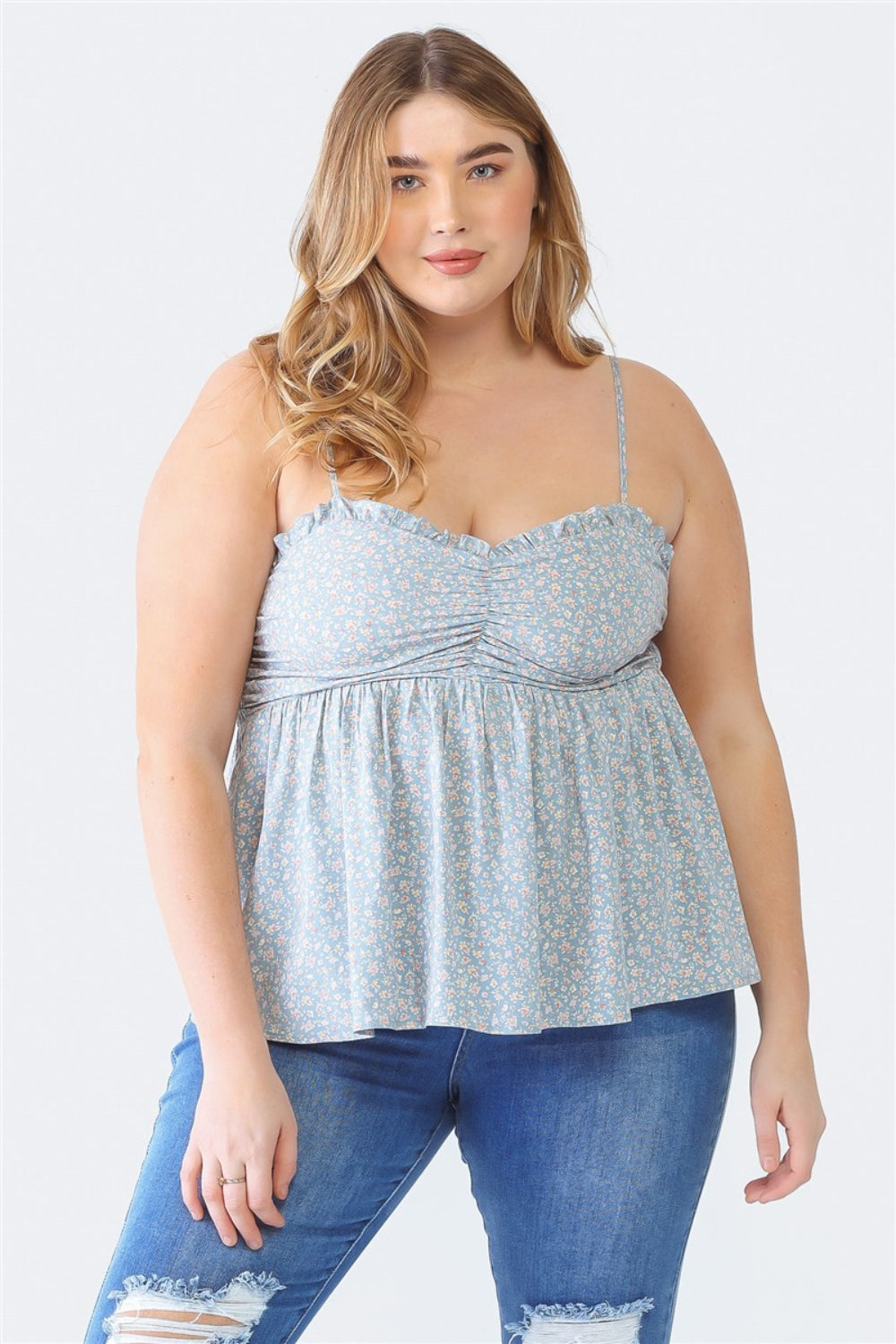 Zenobia Plus Size Floral Cami - Frill & Smocked Sweetheart Neck