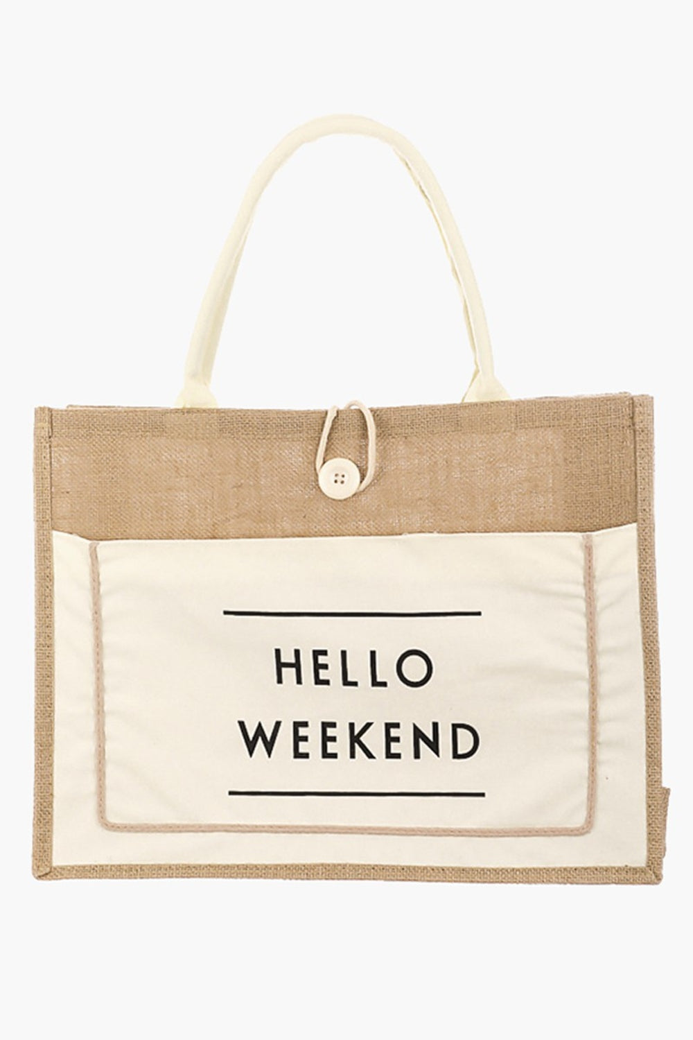 Fame Hello Weekend Burlap Tote Bag - Chic and Durable