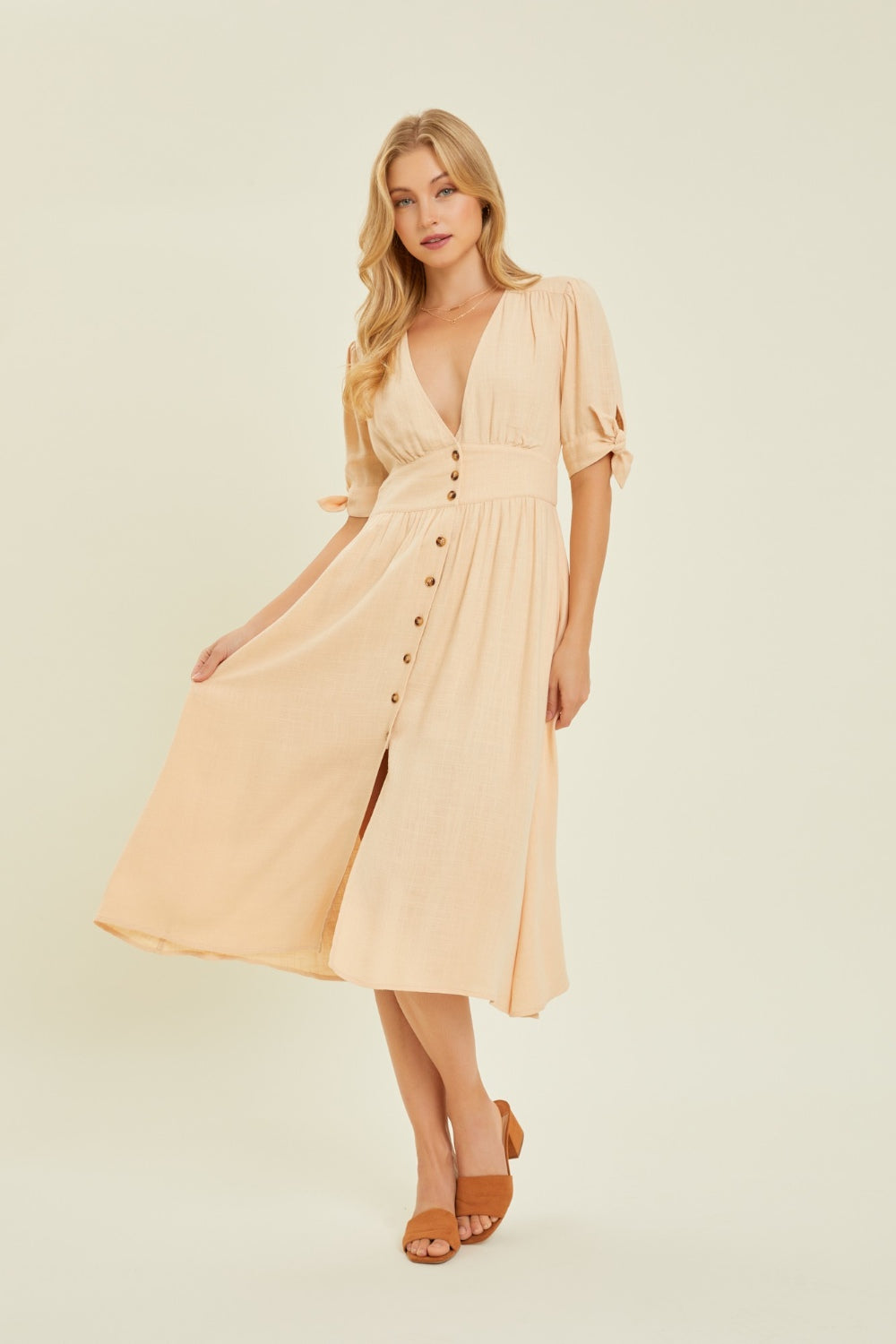 HEYSON Linen V-Neck Button-Down Midi Dress - Classic and Breezy