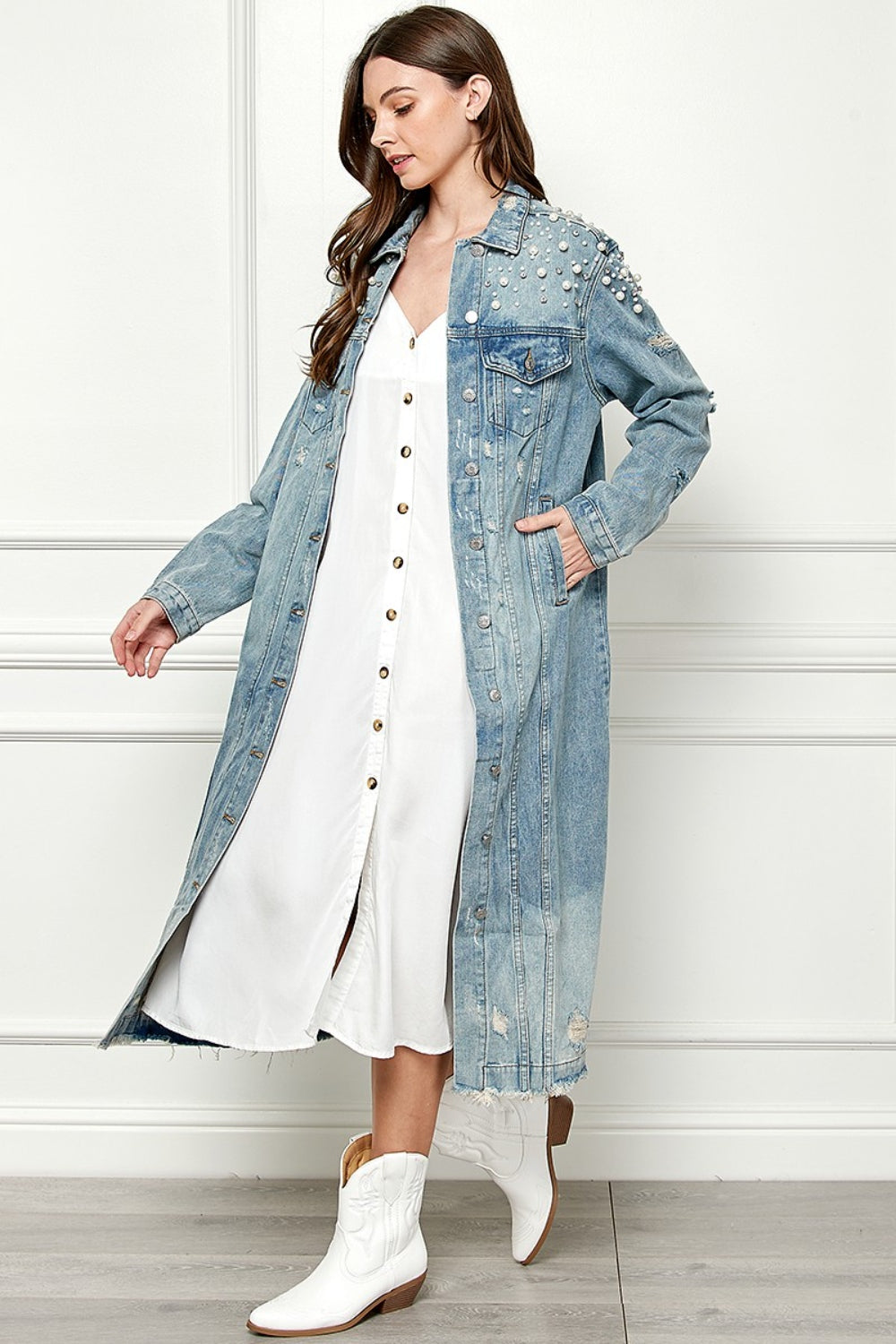 Veveret Pearl Detail Distressed Button-Up Jacket with Raw Hem