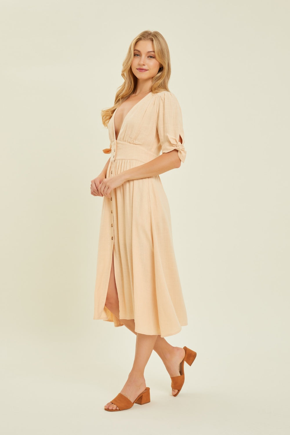 HEYSON Linen V-Neck Button-Down Midi Dress - Classic and Breezy