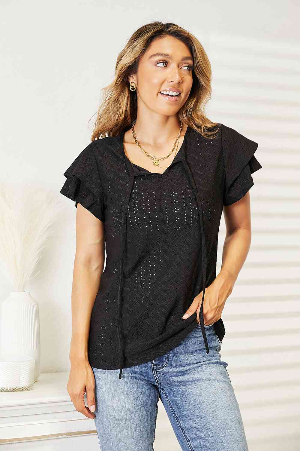 Double Take Eyelet Tie-Neck Flutter Sleeve Blouse | Purchase Now!