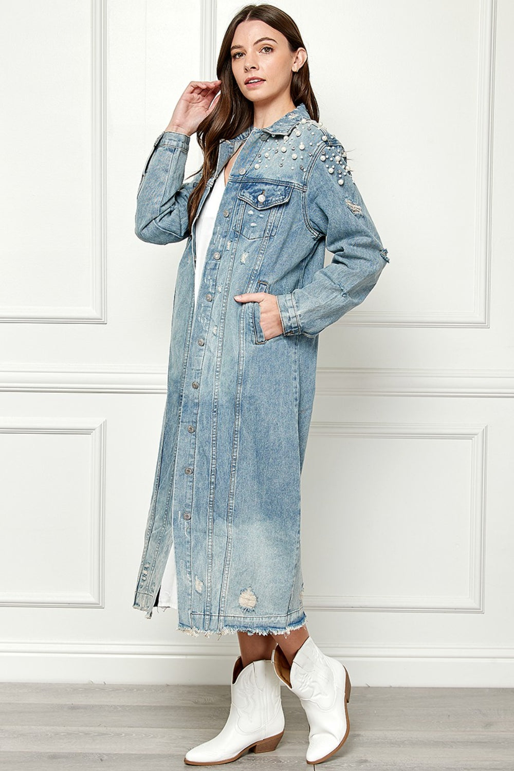 Veveret Pearl Detail Distressed Button-Up Jacket with Raw Hem