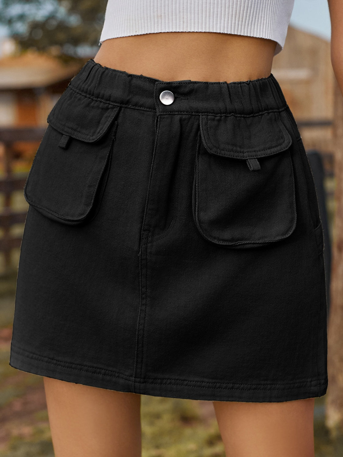 Pocketed Elastic Waist Denim Skirt - Trendy and Elegant