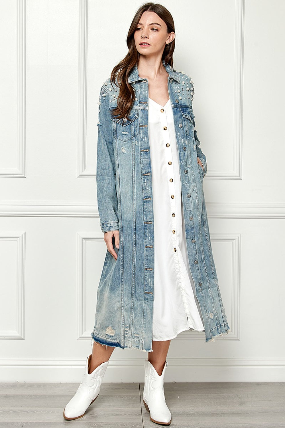 Veveret Pearl Detail Distressed Button-Up Jacket with Raw Hem