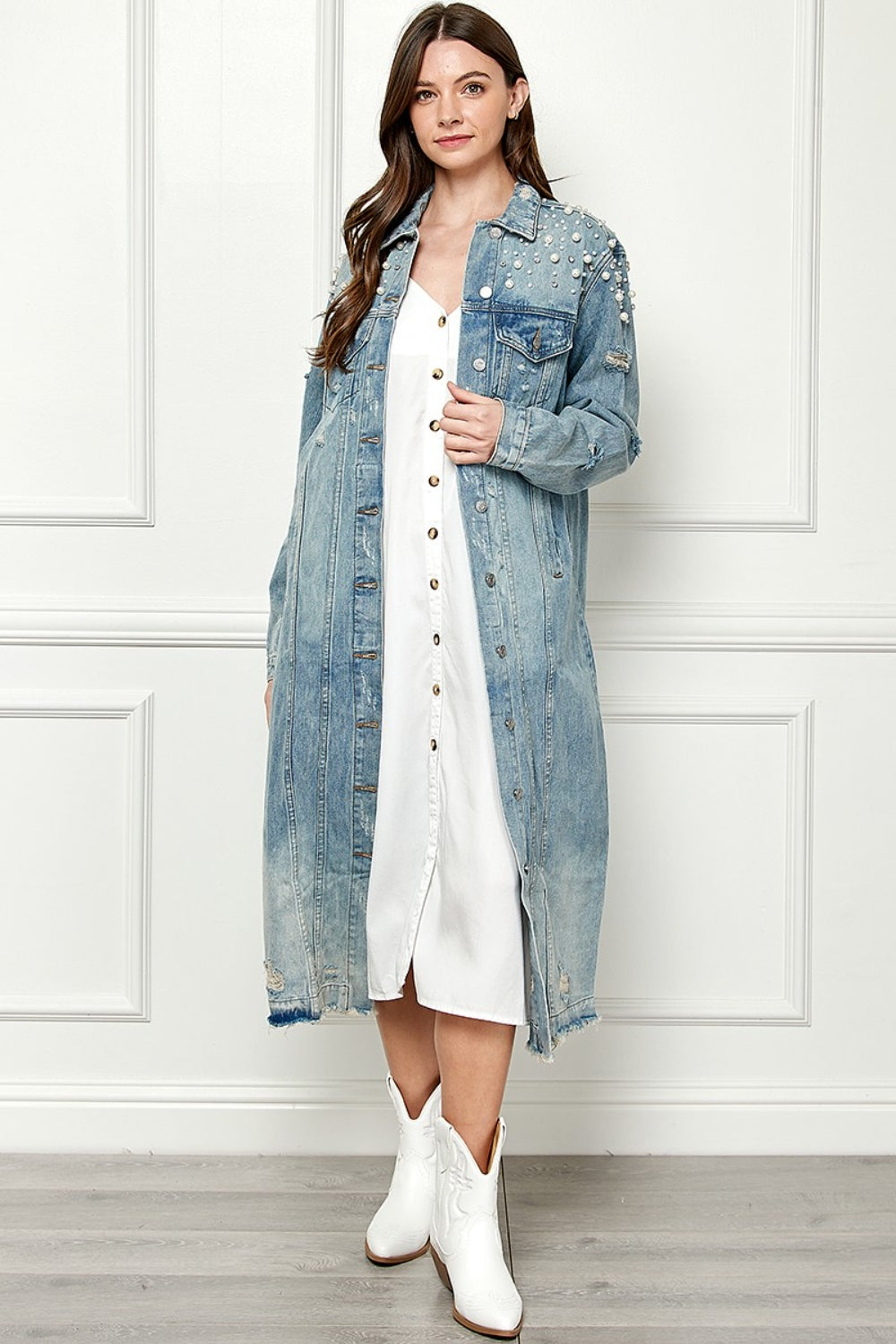 Veveret Pearl Detail Distressed Button-Up Jacket with Raw Hem