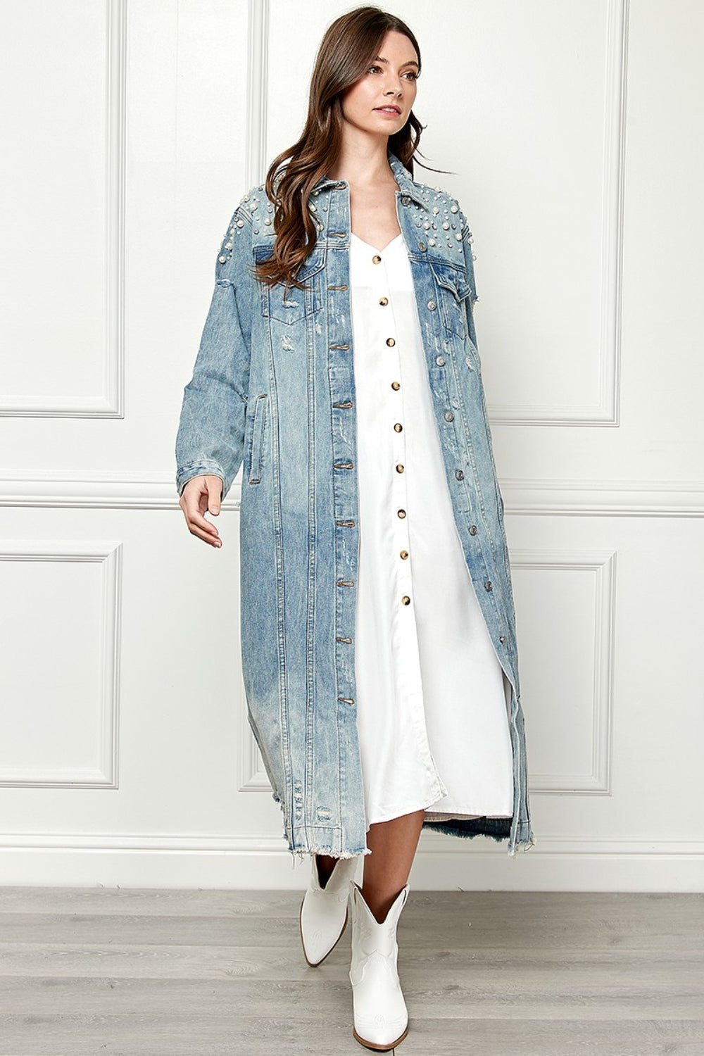 Veveret Pearl Detail Distressed Button-Up Jacket with Raw Hem