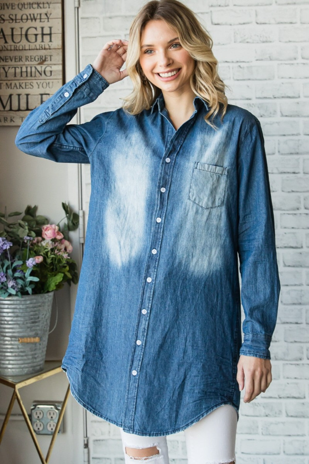 Veveret Washed Denim Button-Up Shirt with Convenient Pockets