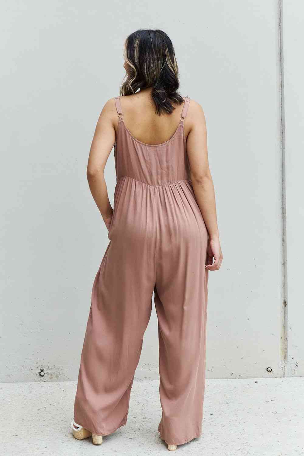 HEYSON All Day Full Size Wide Leg Button Down Jumpsuit in Mocha