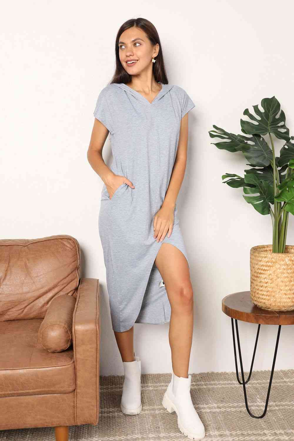 Short Sleeve Front Slit Hooded Dress | Purchase Now From shopjustm.com