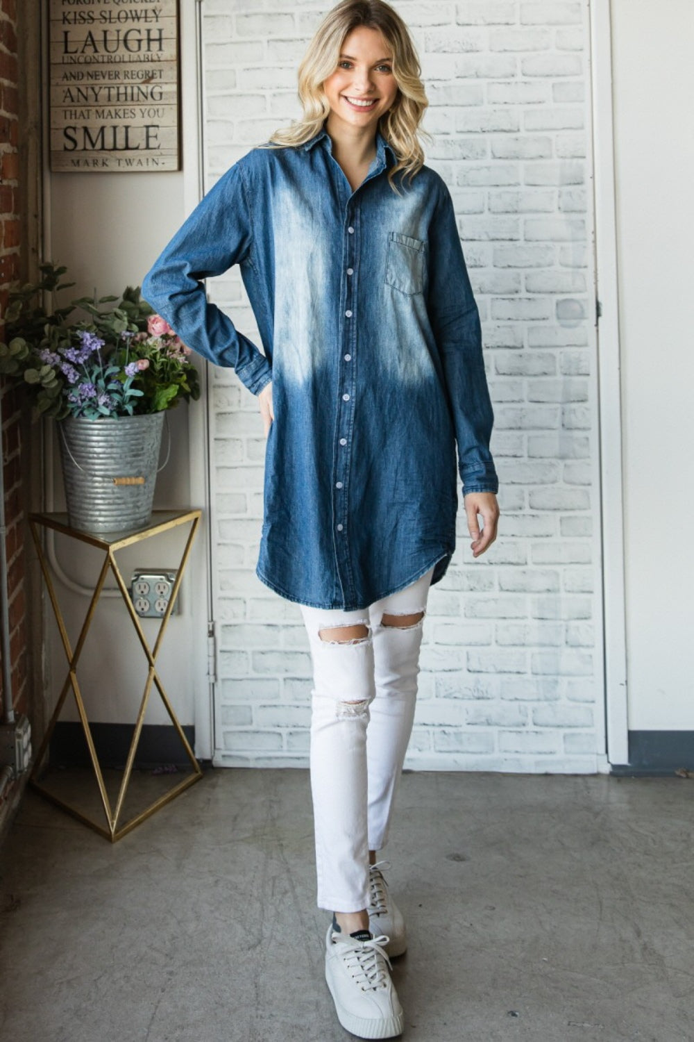 Veveret Washed Denim Button-Up Shirt with Convenient Pockets