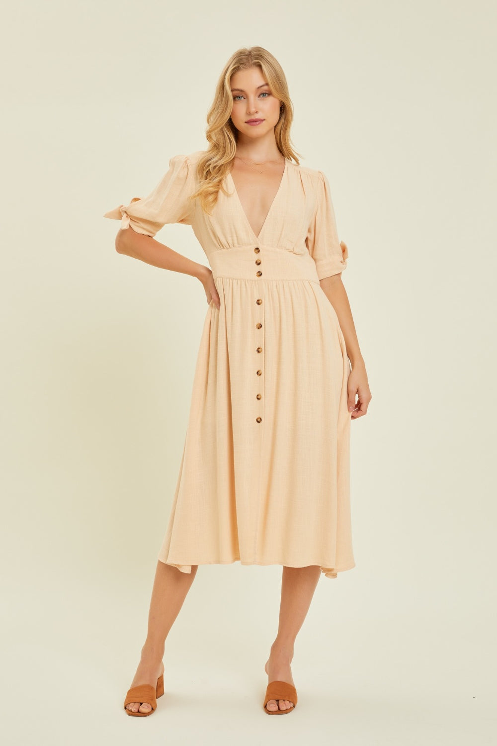 HEYSON Linen V-Neck Button-Down Midi Dress - Classic and Breezy