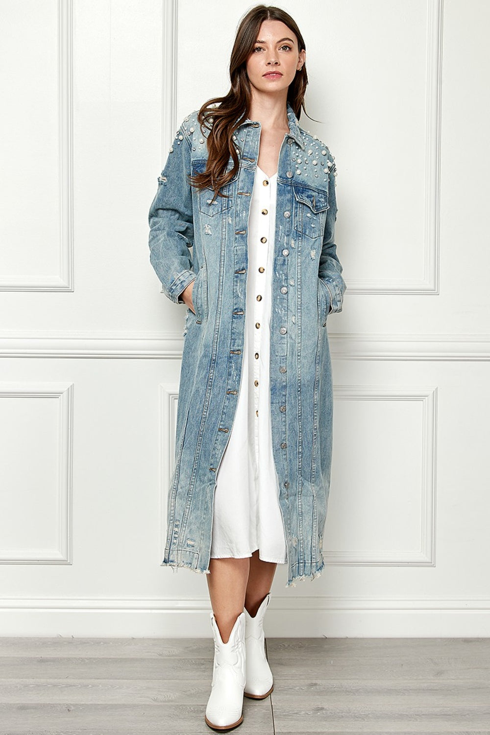 Veveret Pearl Detail Distressed Button-Up Jacket with Raw Hem