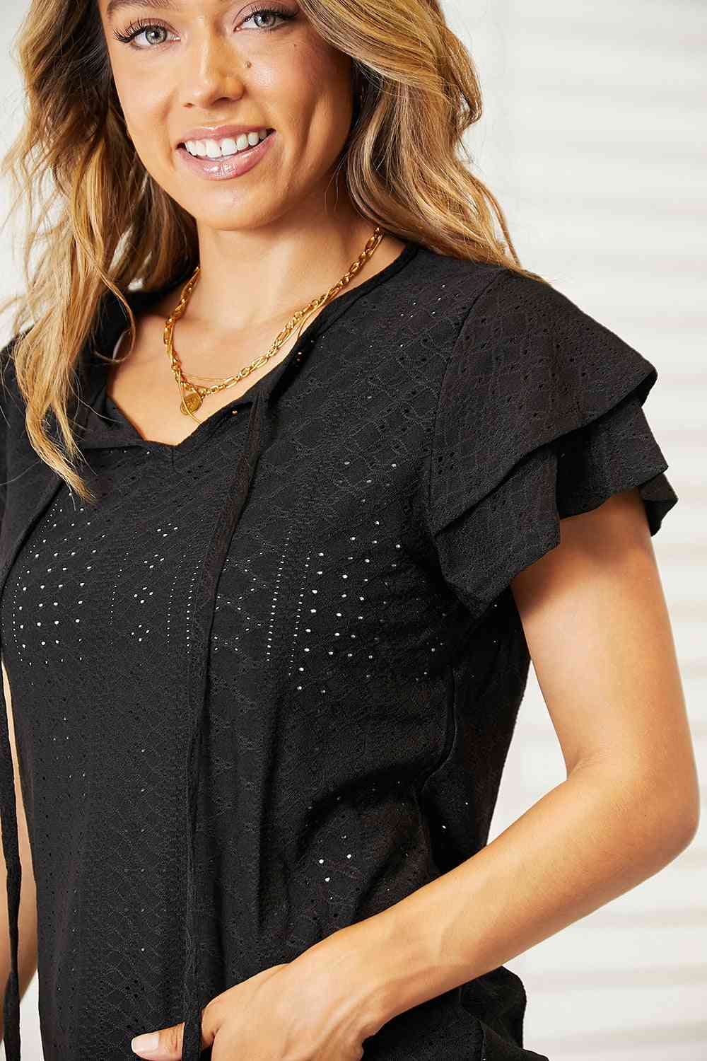 Double Take Eyelet Tie-Neck Flutter Sleeve Blouse | Purchase Now!