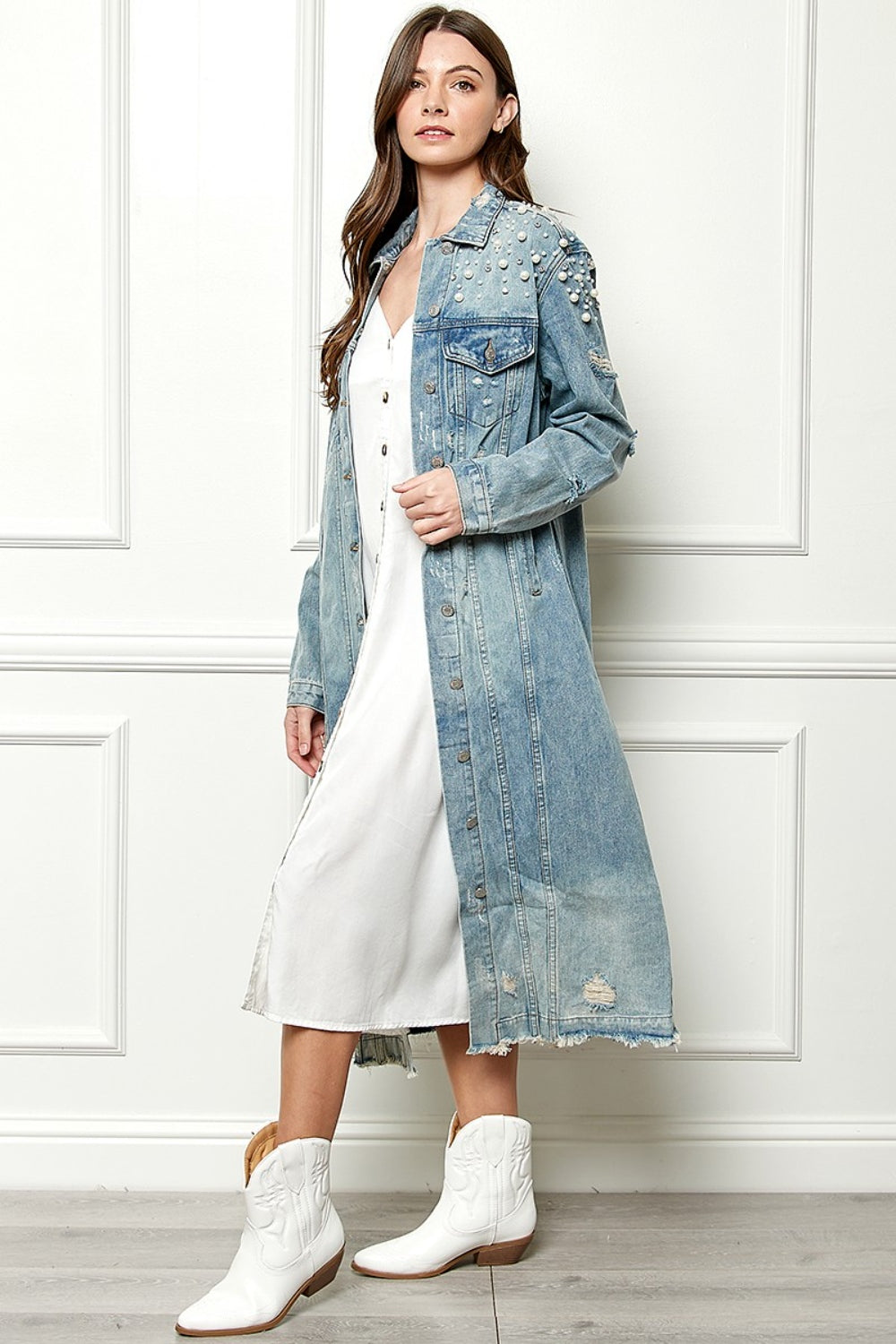 Veveret Pearl Detail Distressed Button-Up Jacket with Raw Hem